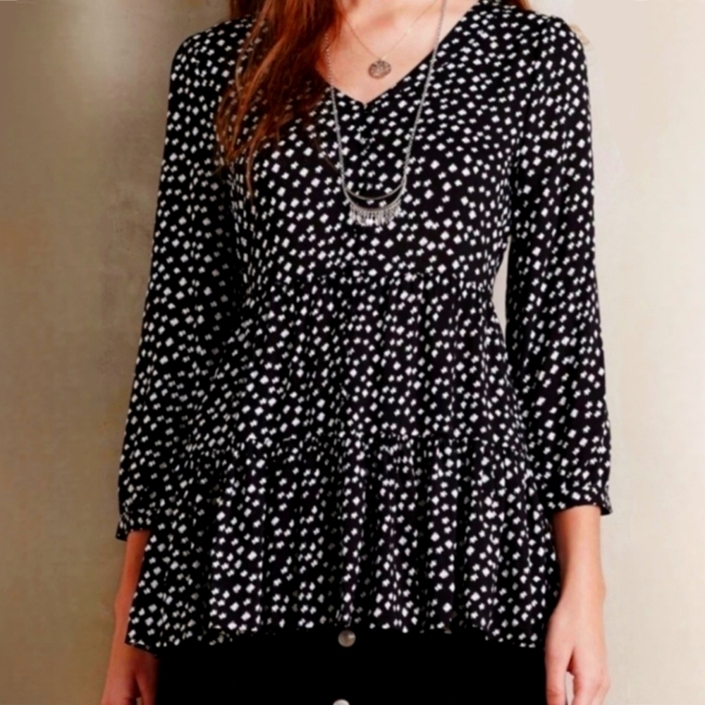 Anthropologie Maeve White Black Polka Dot Peplum 3/4 Sleeve Blouse XS